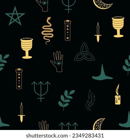 Magic and heaven seamless pattern, with magical elements such as snake, eye, tarot cards, hand, skull, potion, moon, butterfly, mushrooms, stars. Symbols and elements of the witchcraft theme.