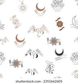 Magic and heaven seamless pattern, with magical elements such as snake, eye, tarot cards, hand, skull, potion, moon, butterfly, mushrooms, stars. Symbols and elements of the witchcraft theme.