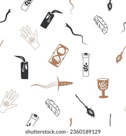 Magic and heaven seamless pattern, with magical elements such as snake, eye, tarot cards, hand, skull, potion, moon, butterfly, mushrooms, stars. Symbols and elements of the witchcraft theme.