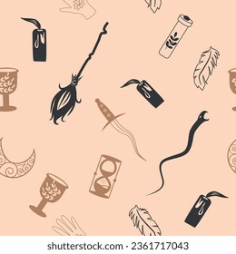 Magic and heaven seamless pattern, with magical elements such as snake, eye, tarot cards, hand, skull, potion, moon, butterfly, mushrooms, stars. Symbols and elements of the witchcraft theme.