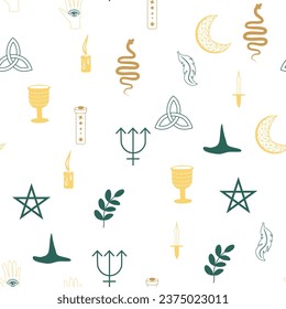 Magic and heaven seamless pattern, with magical elements such as snake, eye, tarot cards, hand, skull, potion, moon, butterfly, mushrooms, stars. Symbols and elements of the witchcraft theme.