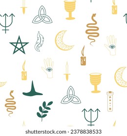 Magic and heaven seamless pattern, with magical elements such as snake, eye, tarot cards, hand, skull, potion, moon, butterfly, mushrooms, stars. Symbols and elements of the witchcraft theme.