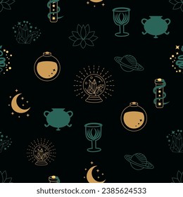 Magic and heaven seamless pattern, with magical elements such as snake, eye, tarot cards, hand, skull, potion, moon, butterfly, mushrooms, stars. Symbols and elements of the witchcraft theme.