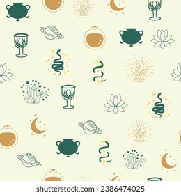 Magic and heaven seamless pattern, with magical elements such as snake, eye, tarot cards, hand, skull, potion, moon, butterfly, mushrooms, stars. Symbols and elements of the witchcraft theme.