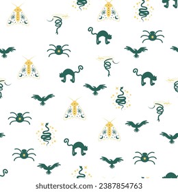 Magic and heaven seamless pattern, with magical elements such as snake, eye, tarot cards, hand, skull, potion, moon, butterfly, mushrooms, stars. Symbols and elements of the witchcraft theme.