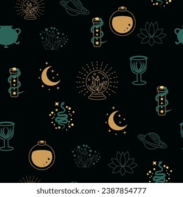 Magic and heaven seamless pattern, with magical elements such as snake, eye, tarot cards, hand, skull, potion, moon, butterfly, mushrooms, stars. Symbols and elements of the witchcraft theme.