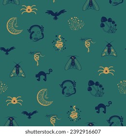 Magic and heaven seamless pattern, with magical elements such as snake, eye, tarot cards, hand, skull, potion, moon, butterfly, mushrooms, stars. Symbols and elements of the witchcraft theme.