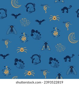 Magia y cielo sin fisuras, con elementos mágicos como serpientes, ojos, cartas tarot, mano, cráneo, poción, luna, mariposa, hongos, estrellas. Símbolos y elementos del tema de la brujería.