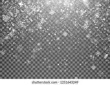 Magic holiday snowfall template. Christmas snow. Falling snowflakes on transparent background. Xmas holiday background. Vector illustration