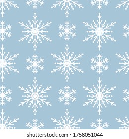 Magic holiday texture with Merry Christmas snowflakes. Vector isolated winter festive background for wrapping paper. Seamless pattern with ornate stars.