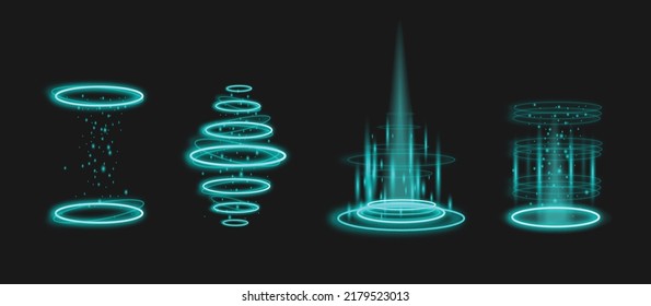 Magic hologram portal with shiny circles, realistic 3d vector illustration isolated on dark background. Set of futuristic teleport effects with light sparkles. Game design elements.