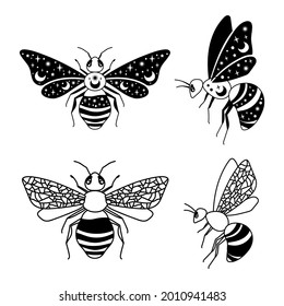 Magic honey bee clipart, Celestial bee isolated items on white, Bumblebee black and white vector silhouette, Insects illustration, digital graphic