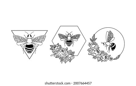 Magic honey bee clipart, Floral bee frame - isolated items on white, Bumblebee black and white vector illustration, Insects and peony flowers digital graphic