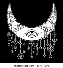 Magic horn a crescent, moon in armor. Eye of Providence. Indian motives, Boho design.  The white drawing isolated on a black background. Vector illustration. Print, posters, t-shirt, textiles.