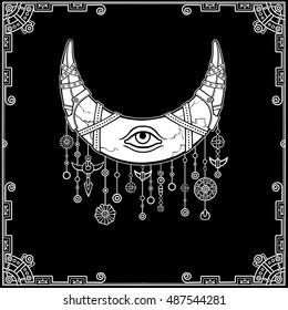 Magic horn a crescent, moon in armor. Eye of Providence. Indian motives, Boho design.  The white drawing isolated on a black background. Decorative frame. Vector illustration. 