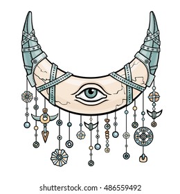 Magic horn a crescent, moon in metal armor.  Eye of Providence. Indian motives, Boho design.Color drawing isolated on a white background. Vector illustration. Print, posters, t-shirt, textiles.