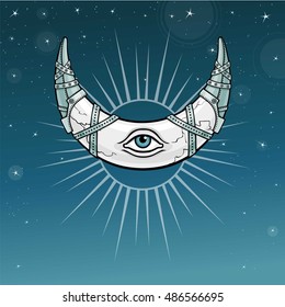 Magic horn a crescent, moon in metal armor.  Eye of Providence. Indian motives, Boho design. Background - the night star sky. Vector illustration. Print, posters, t-shirt, textiles.