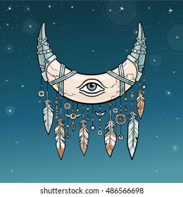 Magic horn a crescent, moon in metal armor.  Eye of Providence. Indian motives, Boho design. Background - the night star sky. Vector illustration. Print, posters, t-shirt, textiles.