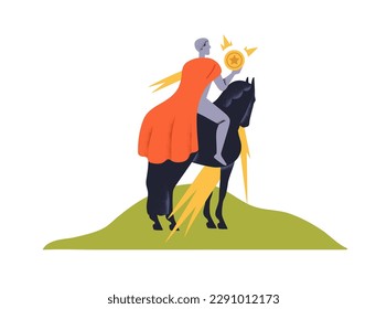 Magic horse rider riding horseback with treasure. Mysterious person, magician in mantle with fortune, trophy, victory, fortune symbol. Esoteric flat vector illustration isolated on white background