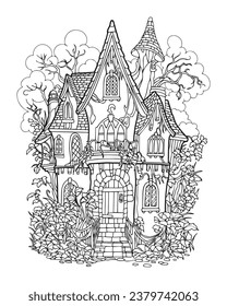 Magic house. Coloring page. Fairy building