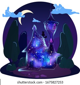 Magic house for magical creature. Tower, roof, windows, door, stones, grass, the moon, the clouds, crescent, trees, night, cosmos in the house. Cartoon vector isolated ilustration. Isolated.