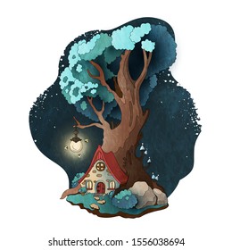 Magic house in roots of the tree. Fairy tale vector illustration