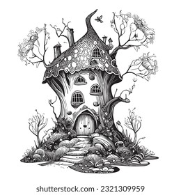 Magic house sketch hand drawn in doodle style Fairy tale illustration