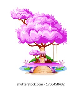 Casa mágica con un columpio en un árbol con hojas rosas. Ilustración vectorial para un cuento de hadas.
