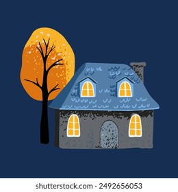 Magic house with a tiled roof in a simple minimalist style, yellow leaves on the tree. Night. Postcard and poster. Packaging paper and textiles