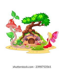 Magic house with tree and mushrooms. House for a fairy. illustration in cartoon style.
