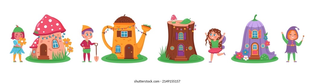 Magic houses fairies. Little pretty homes with fabulous residents, cute fairies and elves, color sorcery town, funny inhabitants, tiny boys and girls near magical builds vector cartoon flat set