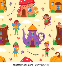 Magic houses seamless pattern. Little funny homes, fabulous creatures with flowers and garlands, cute fairies and elves, childish background. Decor textile, wrapping paper, vector print