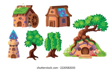 Magic houses set. Set of big old branchy trees.Houses of gnomes and hobbits, a tower, a house with a water wheel. Cartoon vector elements for design. svg