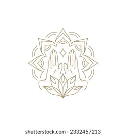 Magic human arms elegant lotus flower meditation esoteric decorative design line art icon vector illustration. Mystery medieval arms floral botanical harmony balance mindfulness emblem