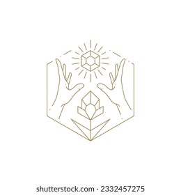 Magia de manos humanas con brillantes joyas naturales de joyería flor botánica línea de marco geométrico icono ilustración vectorial. Mítica espiritual gemstone meditación armonía emblema bienestar cuidado cosmético