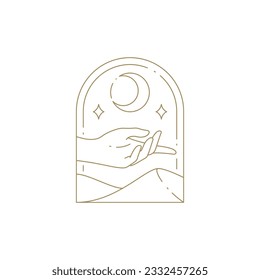Magic human palm with half moon and stars skin care meditation golden geometric frame line icon vector illustration. Esoteric hand antique mythology monochrome decorative design emblem isolated