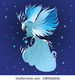 Magic ice phoenix on dark sky with stars. Can be used for kids books, baby shower, greeting and post card, t-shirt print, fashion print design, kids wear. Vector illustration. Eps 10.