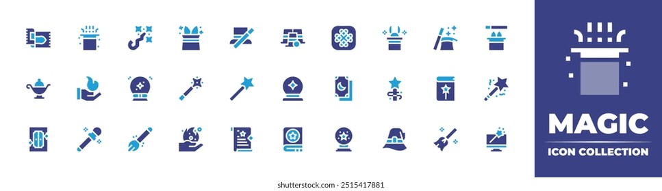 Magic icon collection. Duotone color. Vector illustration. Containing wand, fire, carpet, magicshow, magicball, magichat, magicwand, magiclamp, magic, magician.