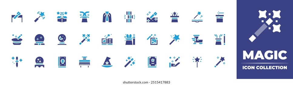 Magic icon collection. Duotone color. Vector illustration. Containing magician, magicwand, magicbox, magiccape, magicsymbols, magictrick, magicbook, magicball, magichat.