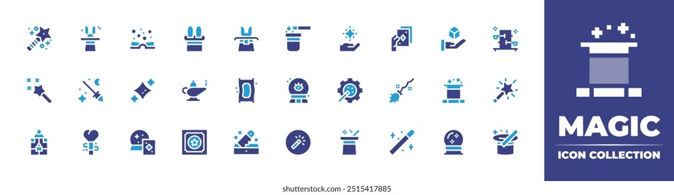 Magic icon collection. Duotone color. Vector illustration. Containing stars, magiccarpet, magiclamp, magicball, magicwand, magicbox, magictrick, magicbroom, saw.