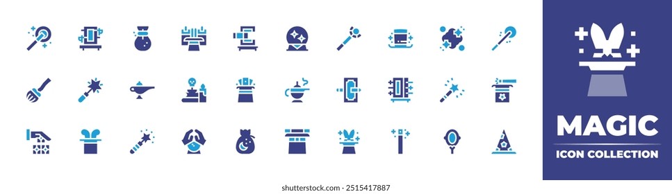 Magic icon collection. Duotone color. Vector illustration. Containing lamp, magicwand, magicdust, magictrick, magicball, magicday, magicbroom, magiclamp, blackmagic, card.