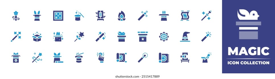 Magic icon collection. Duotone color. Vector illustration. Containing magichat, fire, magicwand, magiccarpet, esoteric, magictrick, magic, hat, magicianhat, box, coin.