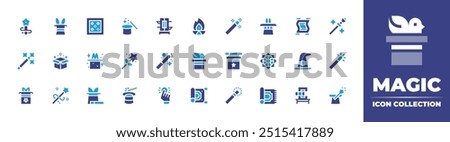 Magic icon collection. Duotone color. Vector illustration. Containing magichat, fire, magicwand, magiccarpet, esoteric, magictrick, magic, hat, magicianhat, box, coin.