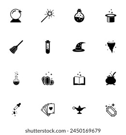 Magic icon - Expand to any size - Change to any colour. Perfect Flat Vector Contains such Icons as witch hat, fortune telling ball, love poison bottle, aladdin lamp, wizard wand, gems, potion, broom