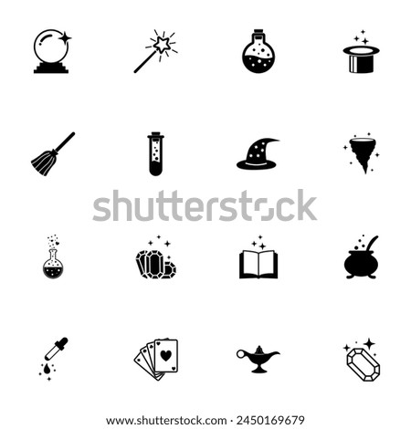 Magic icon - Expand to any size - Change to any colour. Perfect Flat Vector Contains such Icons as witch hat, fortune telling ball, love poison bottle, aladdin lamp, wizard wand, gems, potion, broom