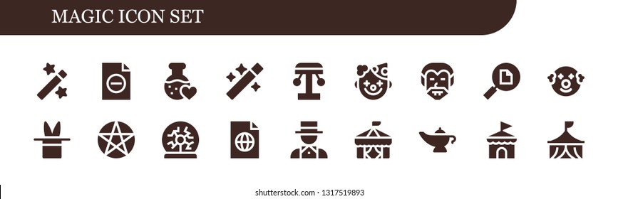 magic icon set. 18 filled magic icons.  Collection Of - Magic, File, Love potion, Wand, Amusement park, Clown, Dracula, Pentacle, Plasma ball, Magician, Circus, lamp