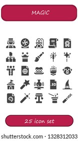magic icon set. 25 filled magic icons.  Collection Of - Magician, Crystal ball, Cauldron, Spell, File, Magic, Broomstick, Sparkler, Wand, Voodoo doll, Top hat, Gauntlet, Clown