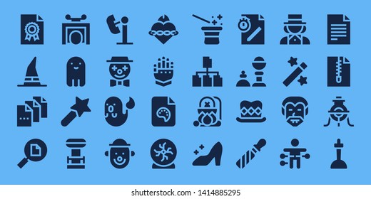 magic icon set. 32 filled magic icons. on blue background style Collection Of - File, Witch, Trick, Ghost, Magic wand, Tesla coil, Amusement park, Clown, Sacred heart, Gauntlet