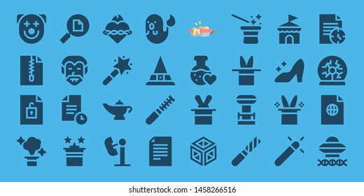 magic icon set. 32 filled magic icons. on blue background style Collection Of - Clown, File, Magic, Dracula, Sacred heart, wand, lamp, Amusement park, Ghost, Witch