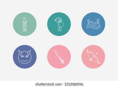 Magic icon set and bow with arrow with flying broom, warrior and location map. Weapon related magic icon vector for web UI logo design.